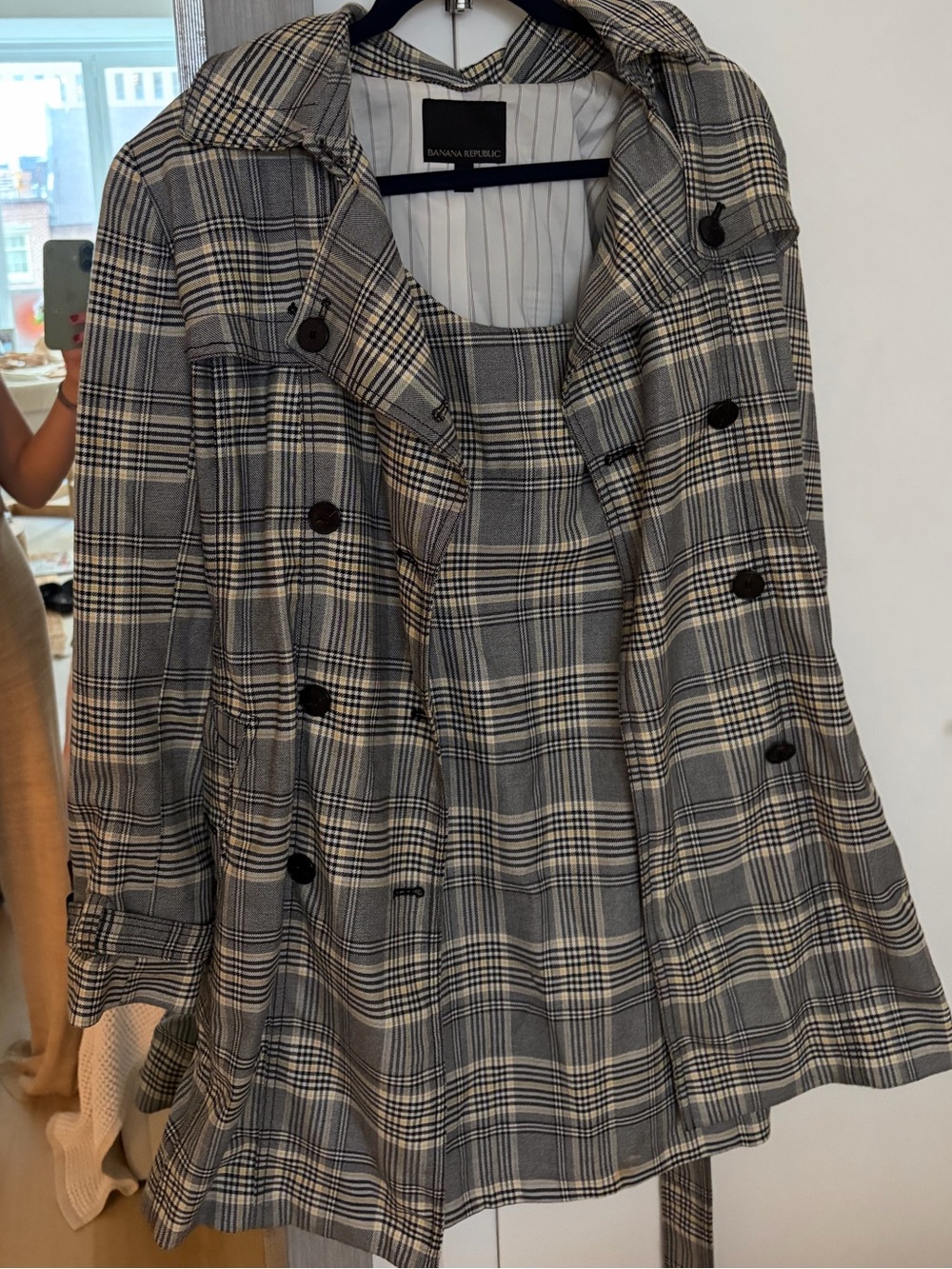 Banana Republic Plaid Double-Breasted Trench Coat in Gray and Black